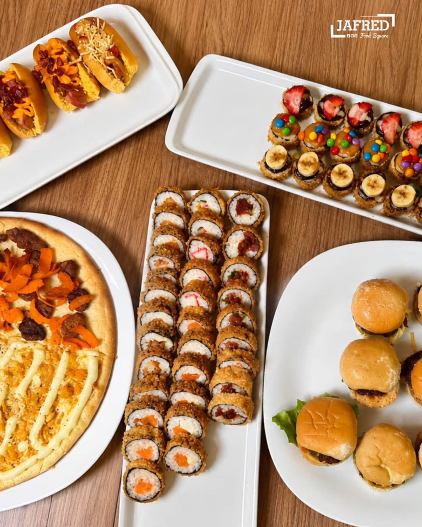 Pizza, sushi e mini burgers servidos no Jafred